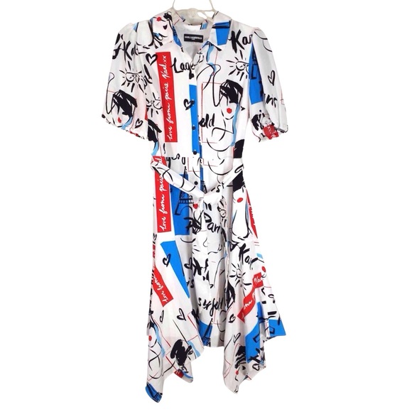 KARL LAGERFELD PARIS White Logo Sketch Print Short Sleeve Shirtdress Size 4 - Picture 4 of 10